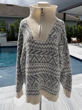 Aerie Large Cozy High-Neck Zip Nordic Pattern Sweater - Cream & Gray s30